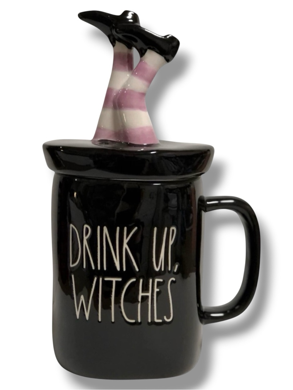 2 PC DRINK UP WITCHES Black Witch Hat Ceramic Mug with Pink Striped Accent Lid